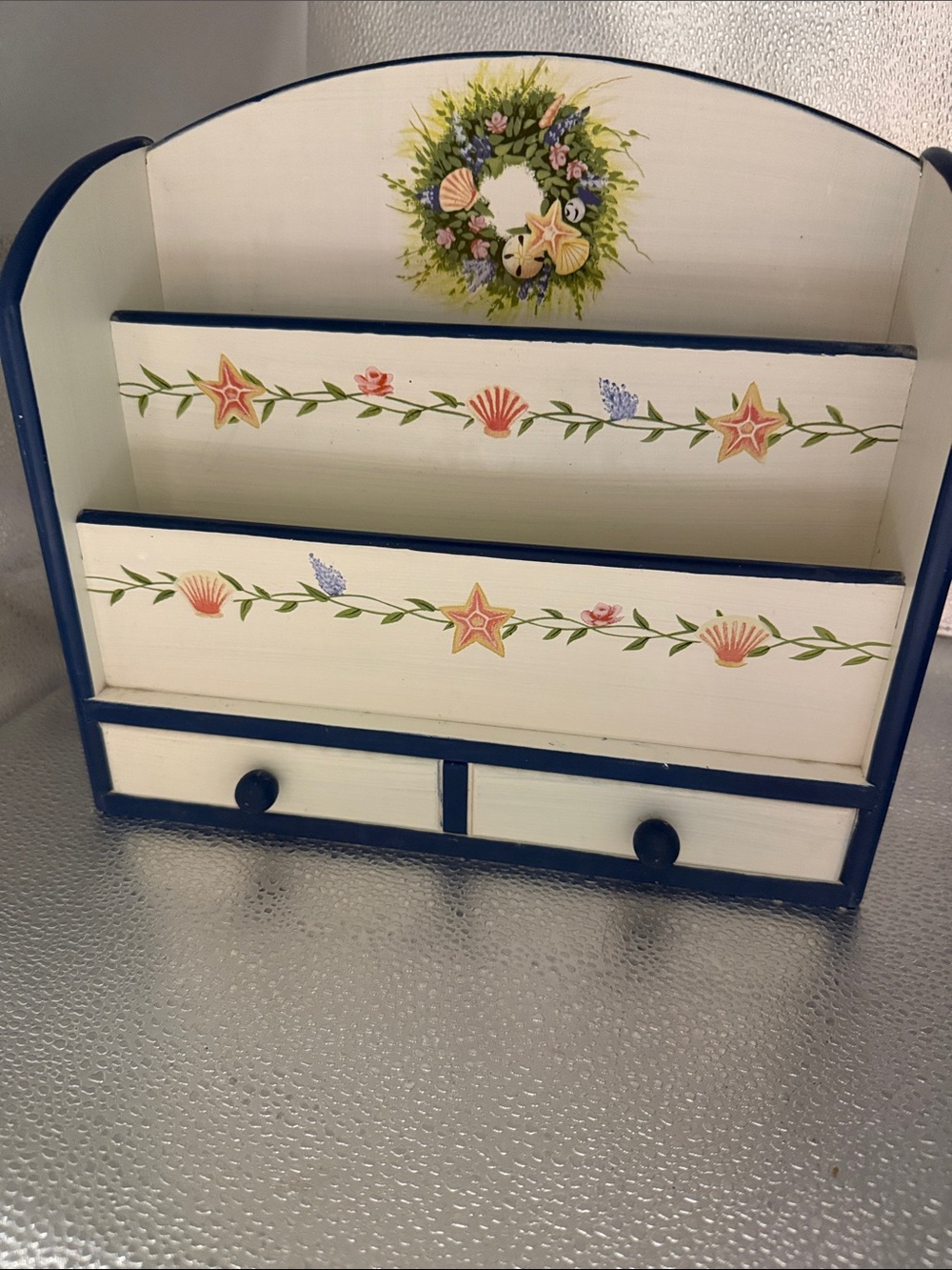 Vintage (Hand-Painted) Coastal Mail Organizer - Navy Trim